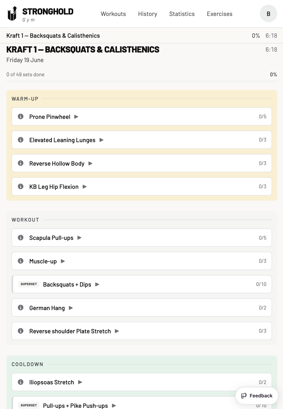 Screenshot der Stronghold Plattform mit Trainingssession, Fortschritt, Warm-up, Workout und Cooldown auf dem Trainings-iPad